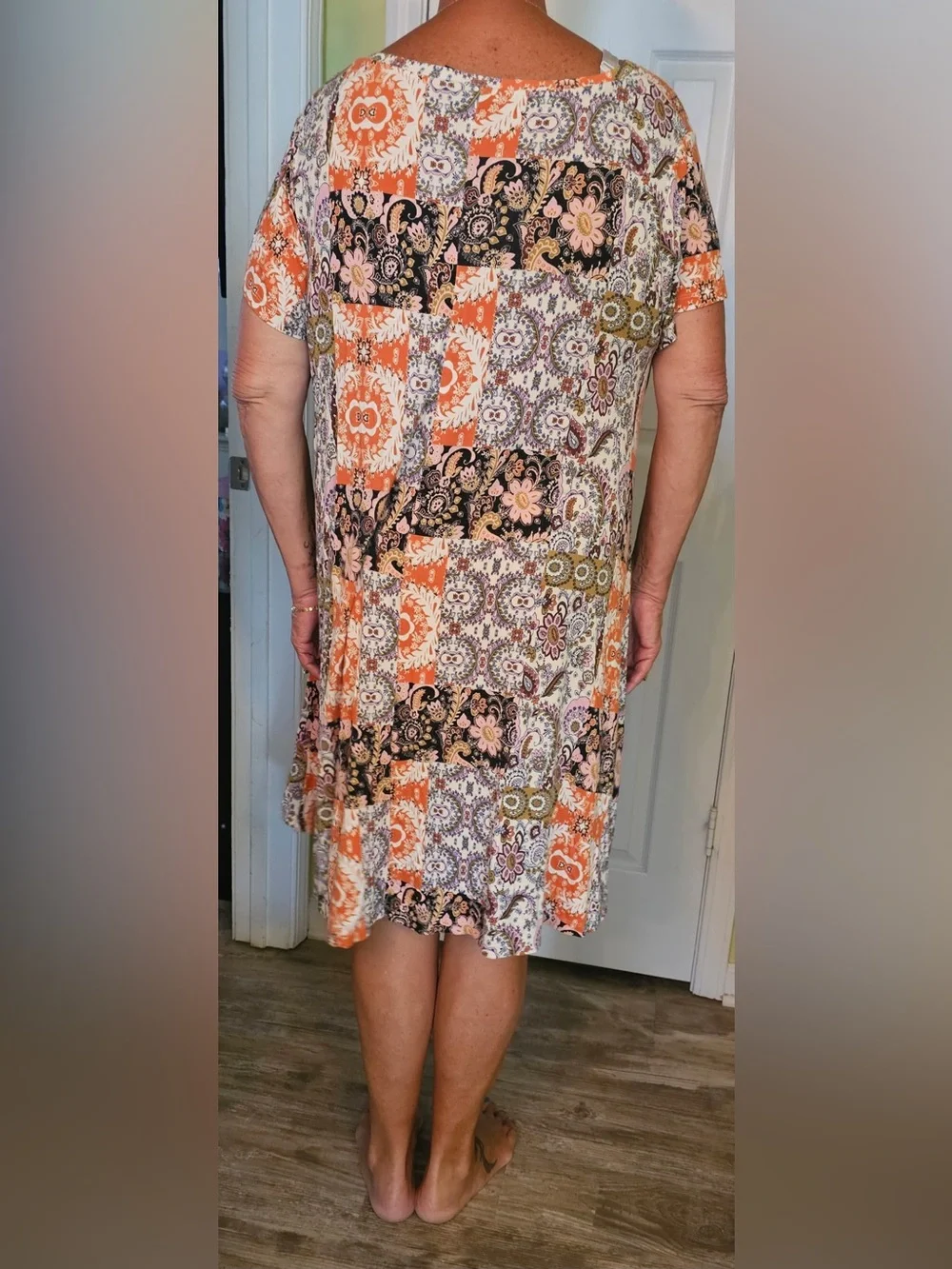 Rachel Zoe Multicolor Patchwork Floral Orange, Black & Cream Dress. Packable!